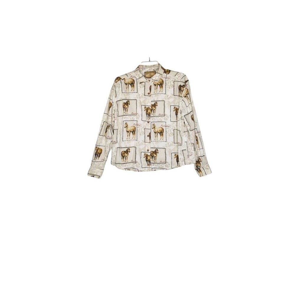 Bit & Bridle Western Horse Button-Down Shirt XL Equestrian Blouse Tan Women's